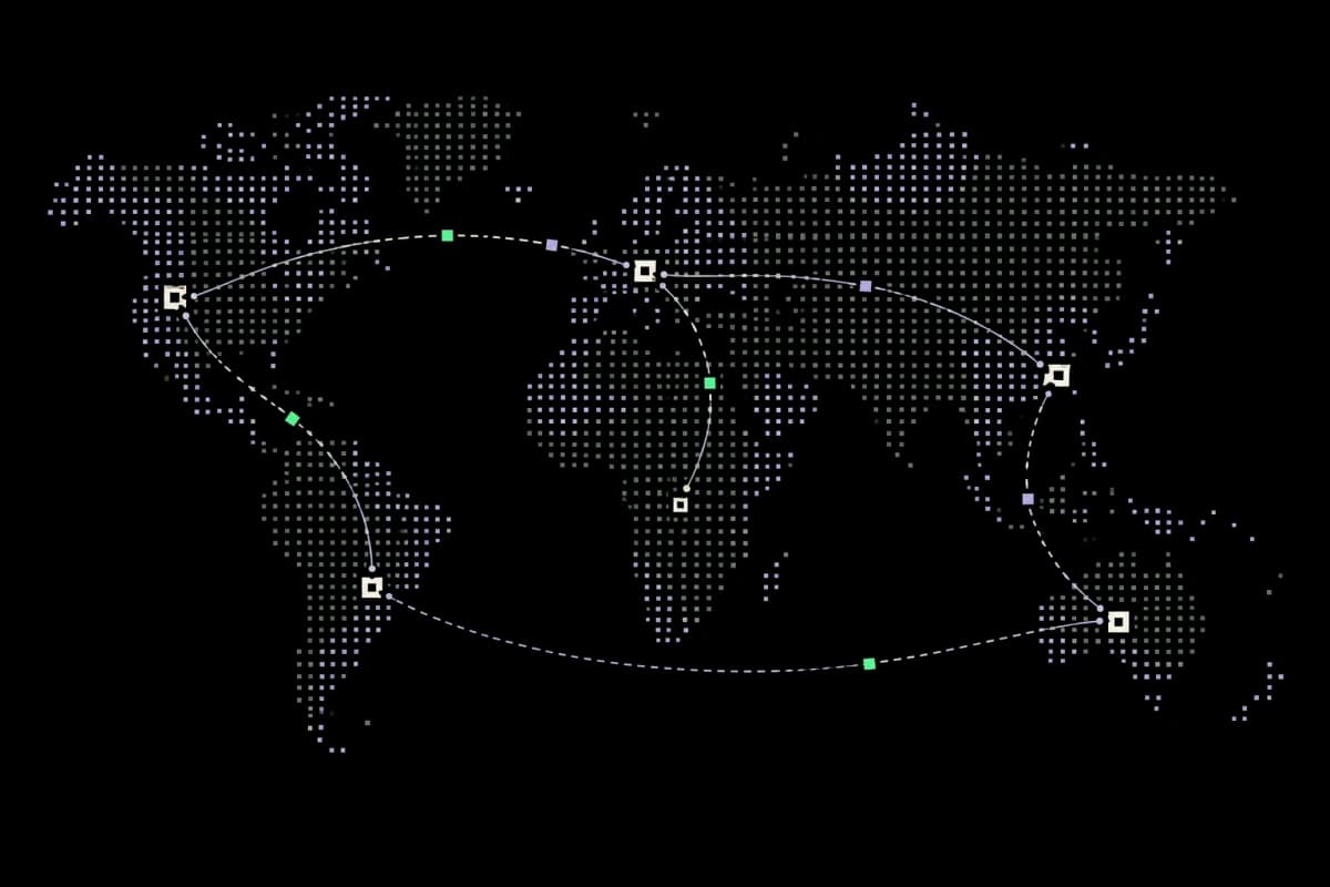 Agent requests travelling between cities and stores on a dotted world map