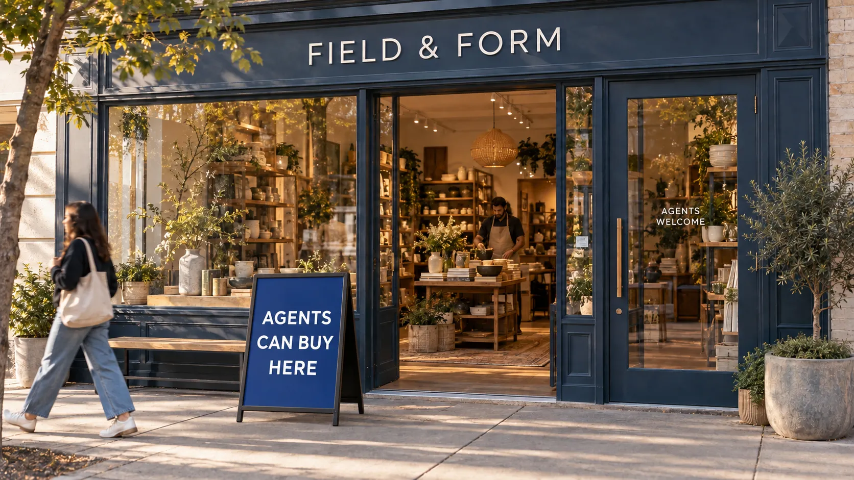 Field & Form storefront with a sidewalk sign reading Agents can buy here.